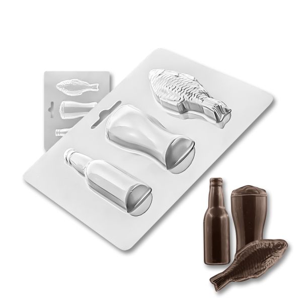 Plastic chocolate mould Bottle, a glass of beer and fish, A-00083